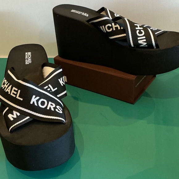 Michael Kors Black and White Platform Wedge Sandals - Picture 1 of 5